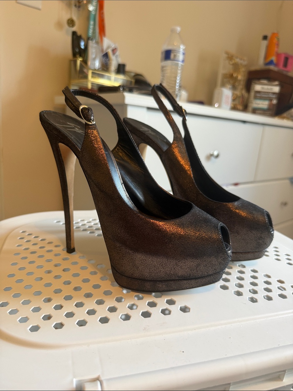 Giuseppe Zanotti Bronze Metallic Peep-Toe Slingback Heels